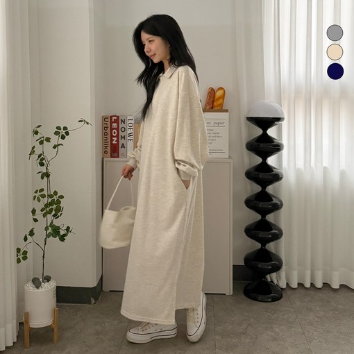 디테일웨어 여성 카라 반집업 간절기 롱원피스 포켓포함 편한원피스 임부복 무지 홈웨어 꾸안꾸룩