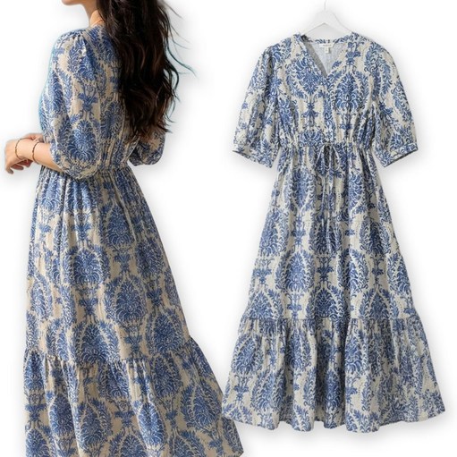 메리앤유 보태닉나염 볼륨있는 플레어라인 반팔원피스