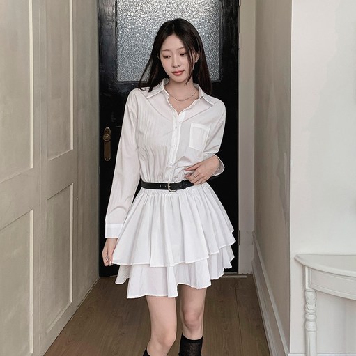 떳다그녀  에이프린 캉캉 셔츠 벨트세트 레이어드 블라우스 봄 나들이 데이트룩 포켓 플레어 미니원피스