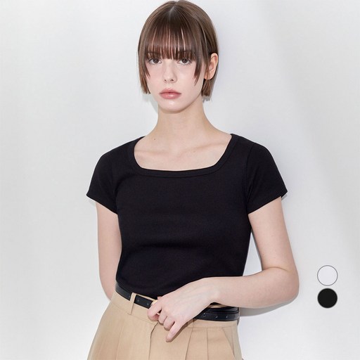 ELLE PARIS 여성용 스퀘어넥 골지 립 캡 슬리브 탑