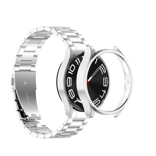 갤럭시 워치 6 5 4 유광 메탈 스트랩 풀커버 케이스 세트 40MM 44MM 정품 호환, 하프실버조합