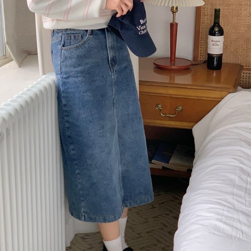 가영 여성 H라인 데님 롱스커트 뒷밴딩 청치마 뒤트임 데일리 롱치마