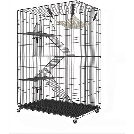 리빙가감법 반려동물 고품질 조립식 4단 튼튼한 메탈 간편이동 잠금 가능한 바퀴가 있는 탈출 방지 고양이 철장 이동식 고양이 대형 케이지, 1개, 블랙