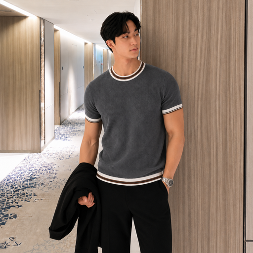 ANYOU 남자 여름 쿨 니트 반팔 칼라라인 포인트 캐주얼 반팔 골프웨어 반팔 티셔츠