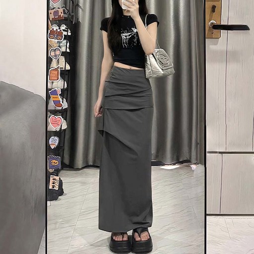 여성 아노락 카고 롱  스커트 슬림핏  캐주얼 데일리록 사이드 슬릿 오피스록 봄 여름 가을용  베이직 코디 치마