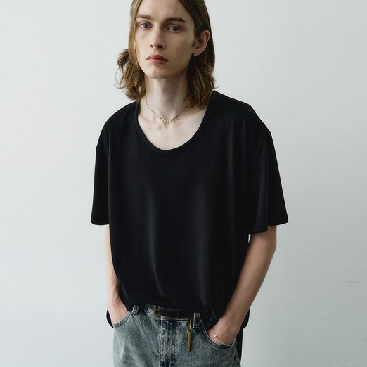 노이어 남성용 실크 블렌디드 U넥 하프 티셔츠