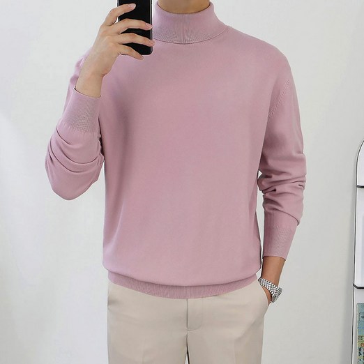 로코비전 남성 목폴라 니트 캐시미어 터틀넥 오버핏 부드러운 스웨터