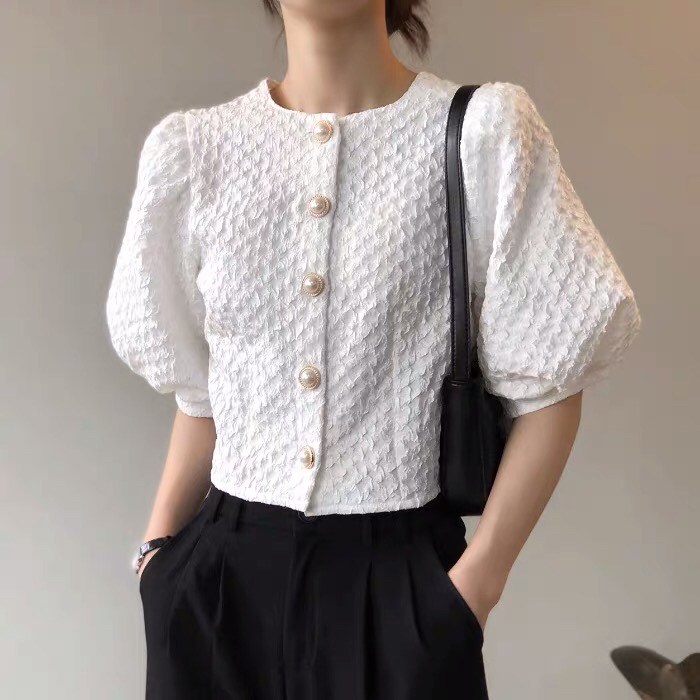 채윤러브 chaeyoon love 여성 퍼프소매 숏 셔츠