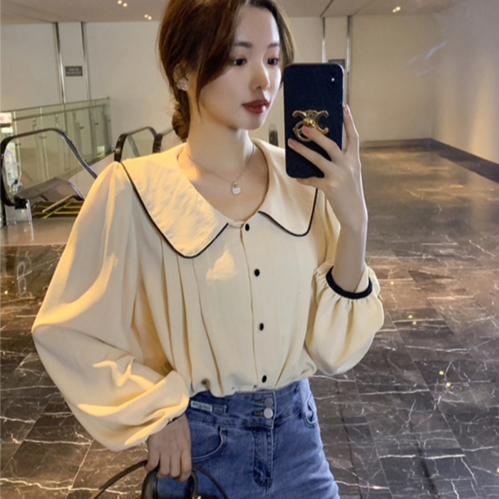 데이홀릭 여성용 가을 긴팔 둥근카라 벌룬소매 블라우스