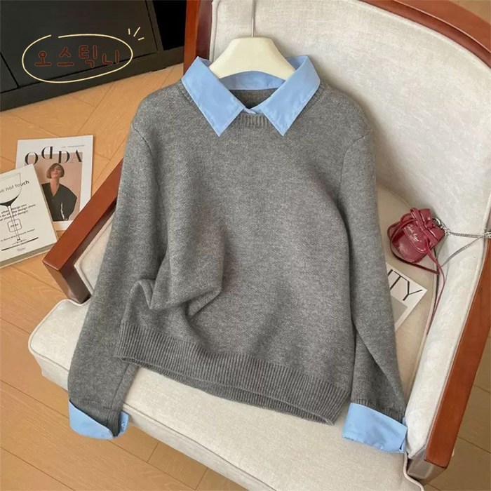 오스틱니 2025 신상 여성용 가을 겨울용 루즈핏 셔츠카라 레이어드 니트 스웨터
