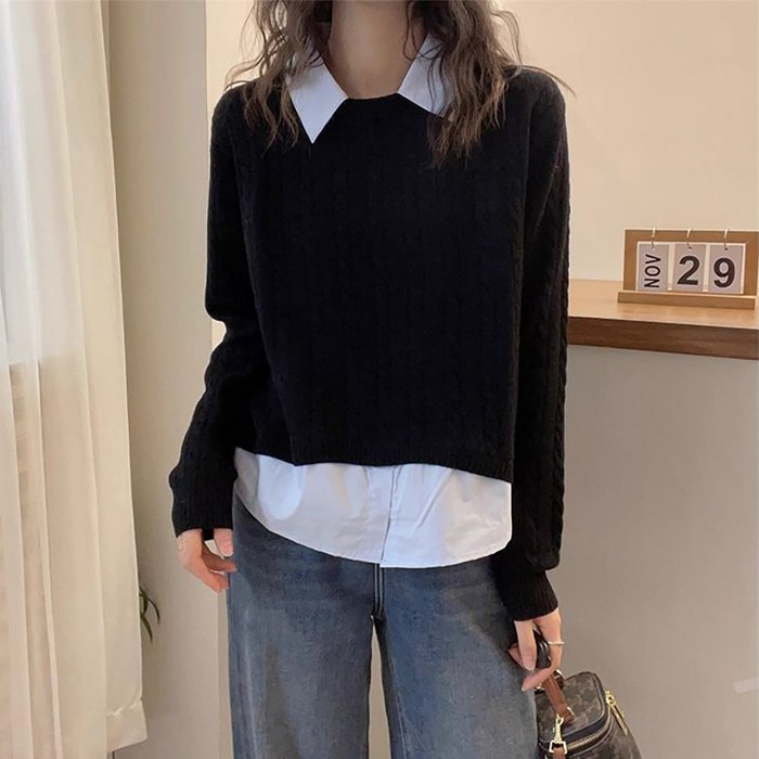 지고다그 여성 레이어드 스타일 니트 가을겨울 긴팔 브이넥 셔츠 카라 니트 스웨터 HH3084