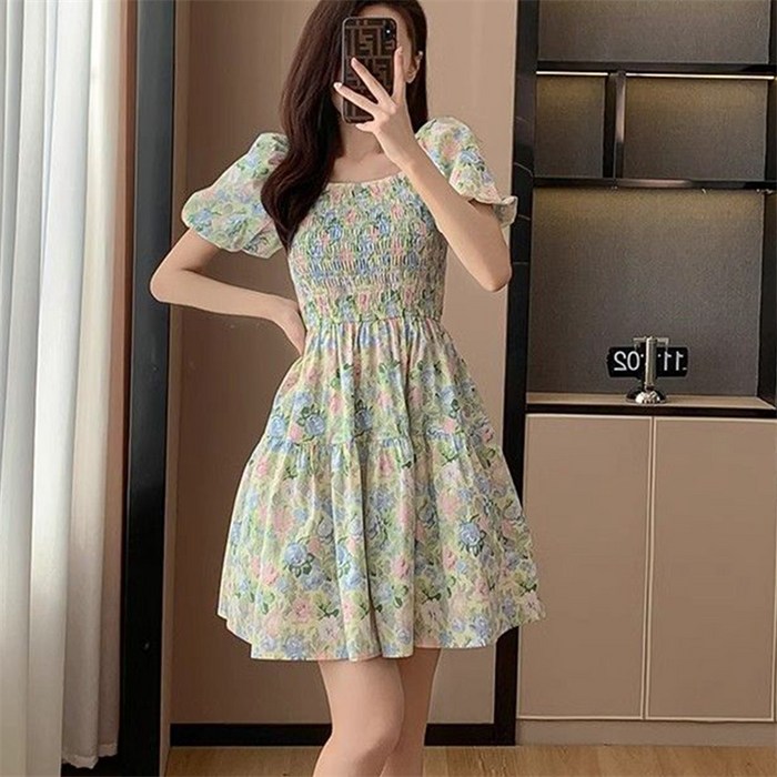 besteffie 여성 여름신상 플로럴 패턴 퍼프슬리브 허리끈 미니원피스 반팔원피스 K71