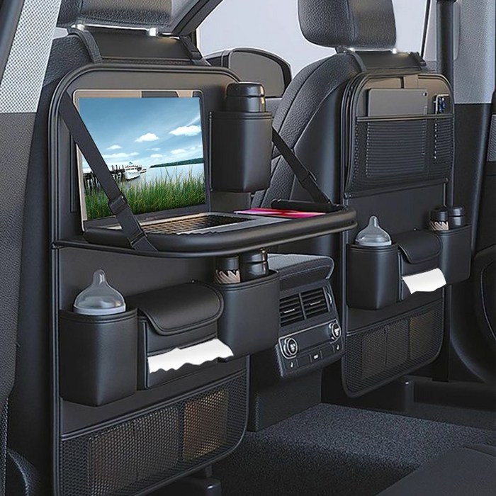 자동차 뒷좌석 수납 테이블 차량용 가죽  접이 테이블 다용도 차량용품 수납 포켓 태블릿 PC 거치대 손자국 방지