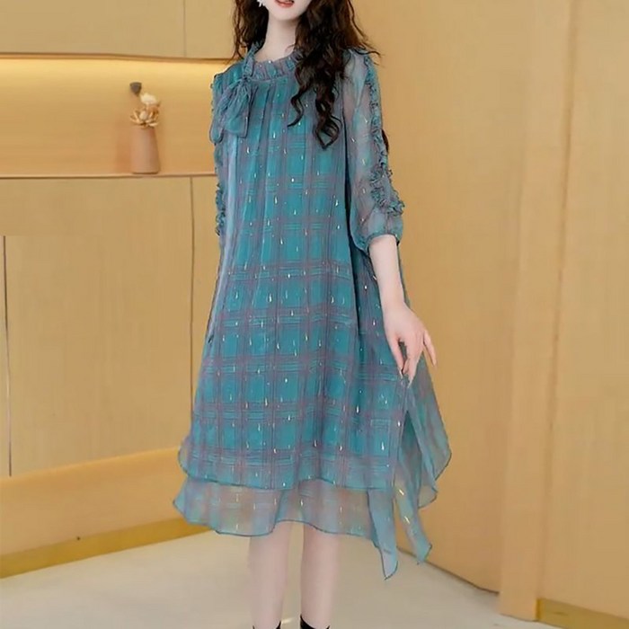 ROYALBELLE 여성 루즈핏 미디 체크 쉬폰 원피스 패션 리본넥 반팔 플레어 원피스 D0041341