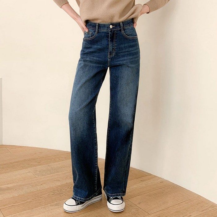 여성용 워싱 히든밴딩 와이드 기모 청바지 CM3W62