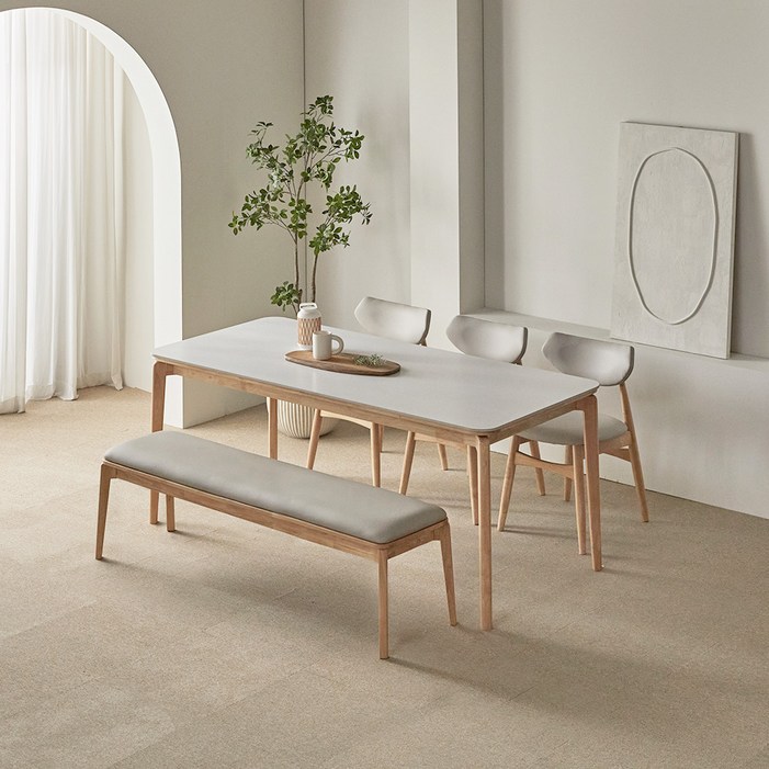 파로마 리샤르 세라믹 원목식탁 1800 6인용  B리샤르 의자 3p  벤치 세트 방문설치, 화이트상판내추럴원목, 일반 3  벤치 1