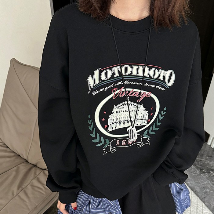 구디프 여성용 빈티지 프린팅 오버핏 라운드넥 맨투맨