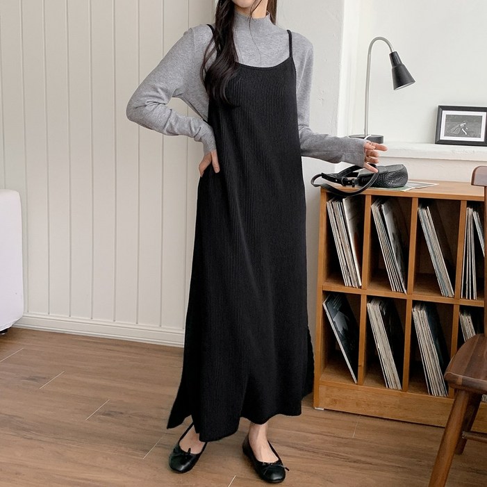 프롬코 여성용 겨울 기모 골지 주름 뷔스티에 롱 원피스 FRC252