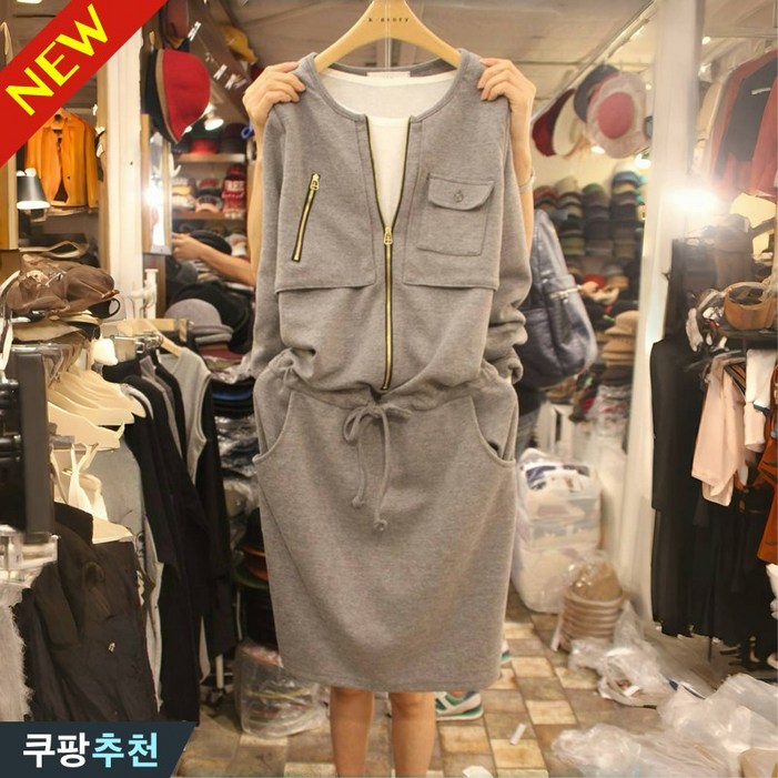 여성 캐쥬얼 슬림핏 허리 밴딩 젊어 보이는 날씬해보이는 원피스 가을 편한 스판 통기성 무지 심플 데일리 출근룩 루즈핏 캐주얼 하프 포켓 집업  디자인 패션 폼폼 입체 스커트