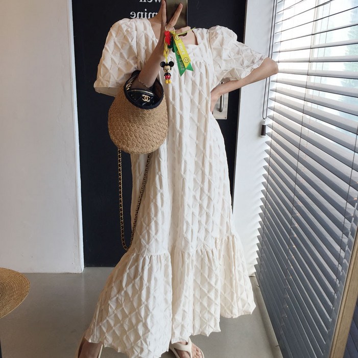 [아이미마인] 포밍 엠보 스퀘어넥 무지 A라인 퍼프 루즈핏 여름 롱원피스 (3color)