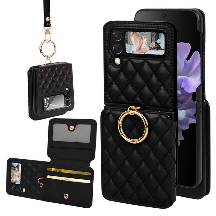 오이키 Z플립케이스 폭신한 레더 휴대폰 케이스 카드 지폐 지갑   스트랩