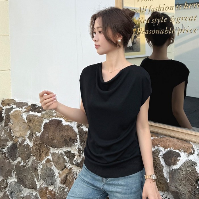 yuviny유비니 여성 드레이프넥 반팔 니트 루즈핏 여름 데일리 니트티 ZZ0010