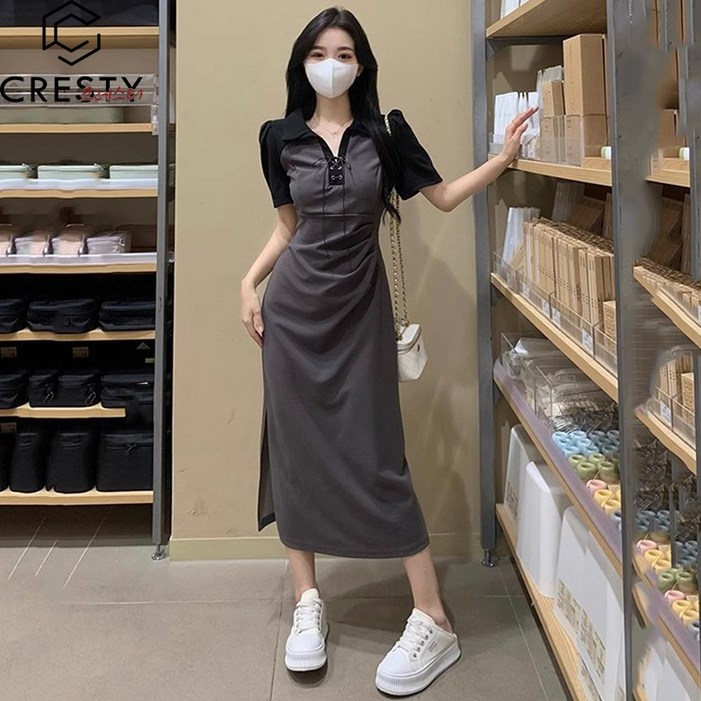 크레스티 캐쥬얼 데일리 원피스 여성 심플 슬림 롱 스커트