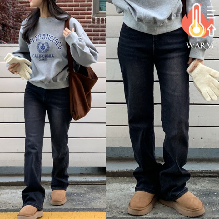 앤샵 여성 겨울 융털 기모 2단기장 롱숏 선택 프란츠 세미 부츠컷 데님 팬츠 청바지2color