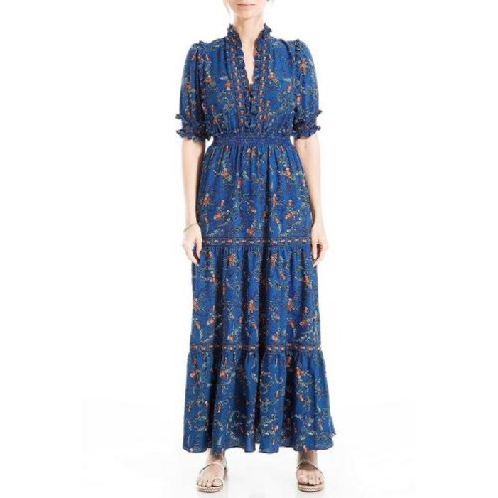 여성 원피스  Max Studio 여성용 팔꿈치 길이 소매 프린트 티어드 맥시 드레스, 씨 페이즐리 부케 빈티지 친츠