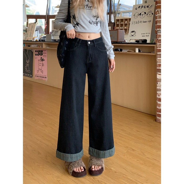 예니브 여성용 봄가을용 청바지 밑단 롤업 와이드 팬츠 9부 바지