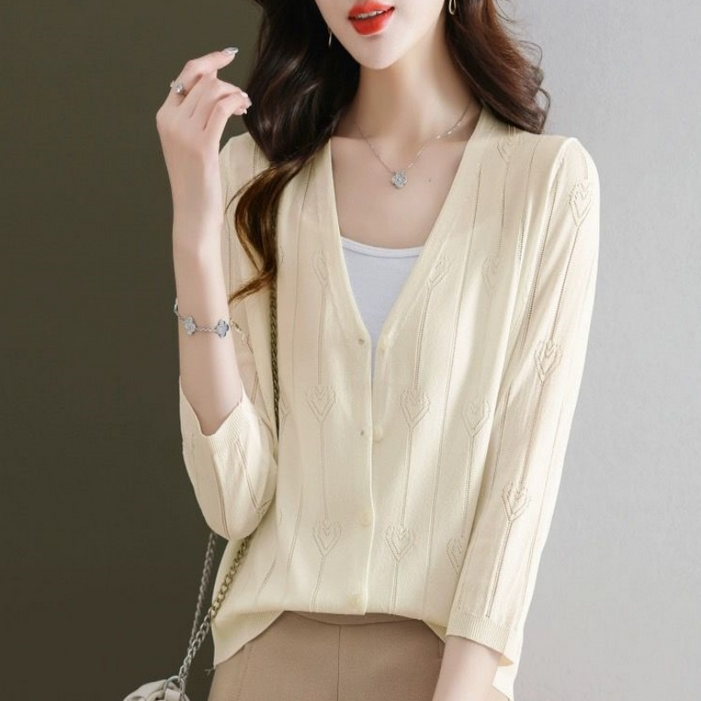 Makone 여성 아이스실크 자외선차단 7부 소매 니트 가디건 솔리드 심플 무지 데일리룩