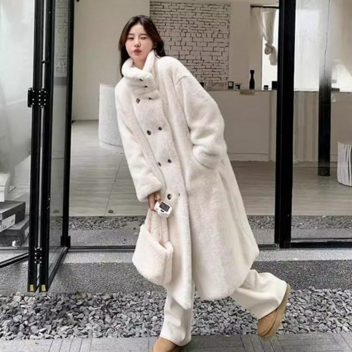BIKASU 여성 겨울 따뜻한 더블버튼 뽀글이 롱 코트 빅사이즈 패션 후리스 양털 점퍼