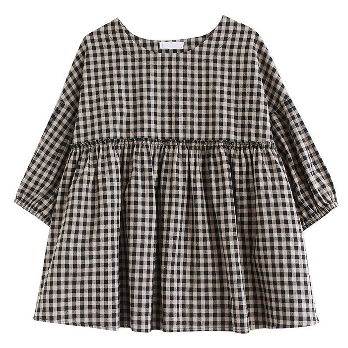 티티웍스 여성 귀여운 퍼프소매 셔링 A라인 체크 블라우스 동안룩 아방핏 신상