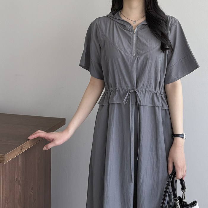 [행복여] 샤블 허리 스트링 집업 아노락 플레어 반팔 후드 원피스