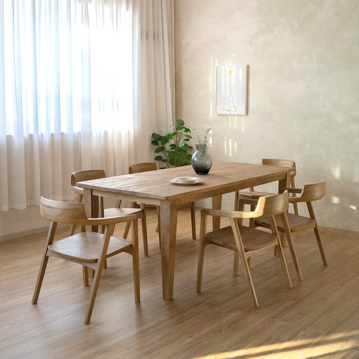 루시아 고재 티크 원목 6인용 식탁세트, 일반 의자 6, 6인용 식탁테이블