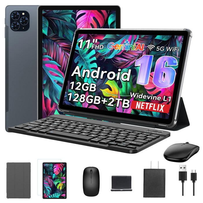 TABWEE 2026 세계최초 Android16 Gemini AI 태블릿 11인치 FHD 12GB 128GB 2TB확장 2in1 테블릿 pc 키보드세트