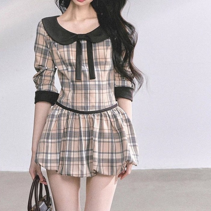 COSYEVNO  여성 춘하 패턴 리본 타이 긴팔 미니 원피스 벌룬 스커트 TZKlyq3