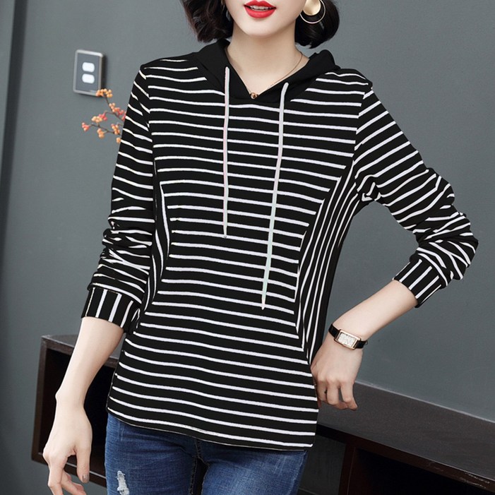 Kdragon 여성용 봄가을 중년 긴팔 후드 티셔츠 루즈핏 스트라이프 맨투맨 캐주얼 엄마룩 데일리