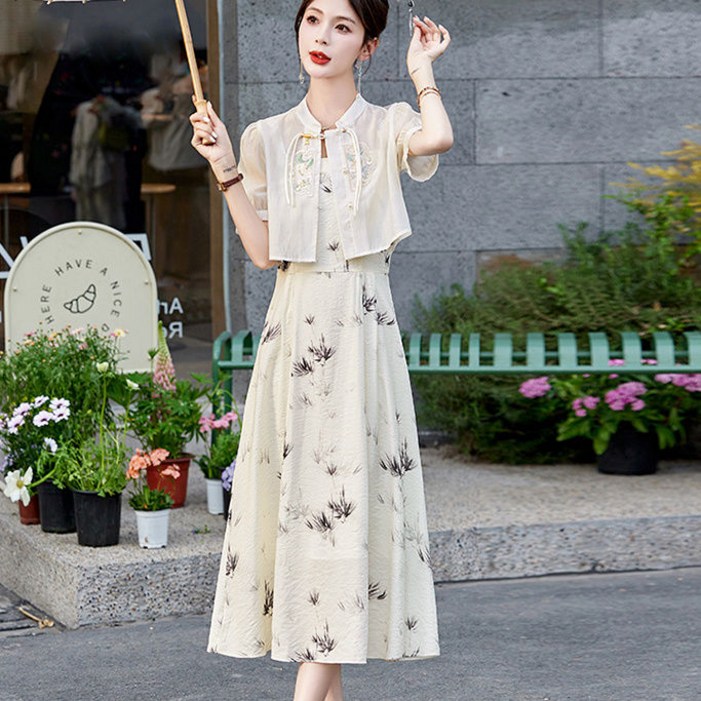 신중국차이나프린트원피스세트슬림여름신상초선꽃나시원피스투피스ins