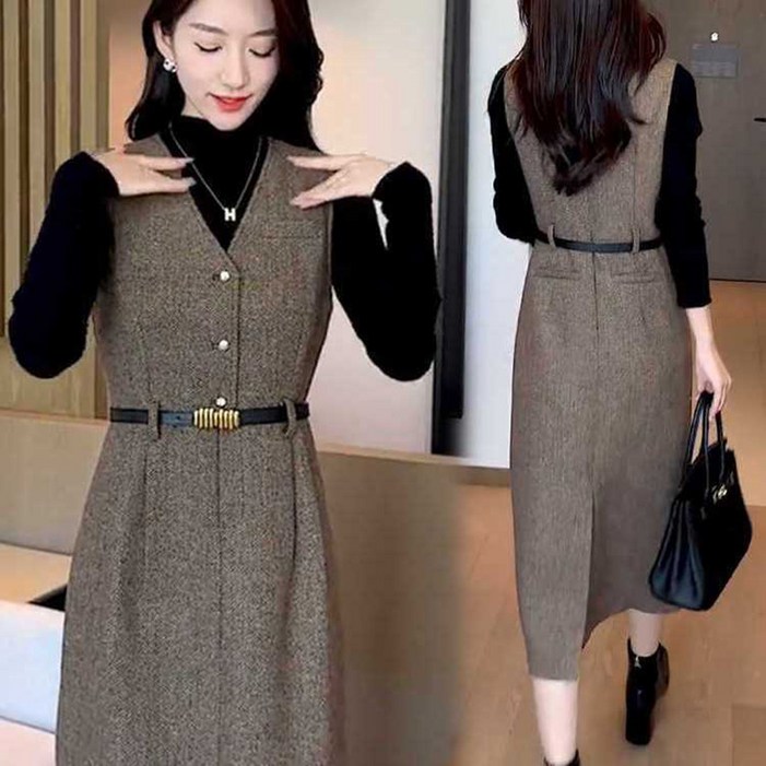 POMTOR 가을겨울 여성 민소매 브이넥 나시 스커트 모직 원피스 오피스룩