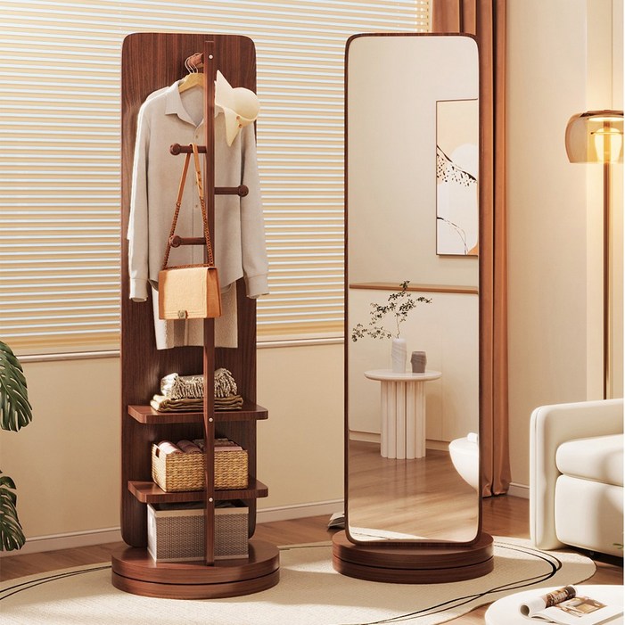 다기능 전신거울 스탠드 아치형 대형 거울 360도 회전 겸용 옷걸이행거 미러, 갈색 나무색