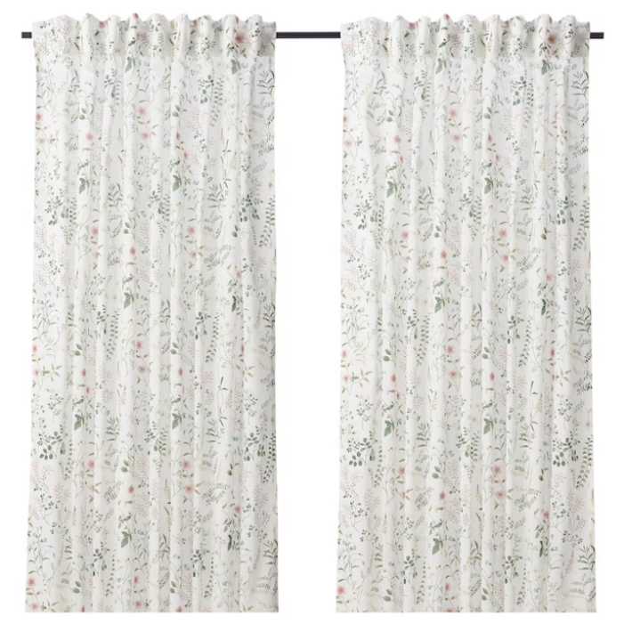 이케아 티미안스모트 커튼한쌍 화이트 플로럴 패턴 145x250cm 805.657.35