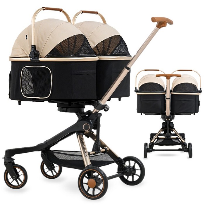 베이비트론 강아지 고양이 유모차, 08트윈유모차블랙프레임베이지베이지, 1개