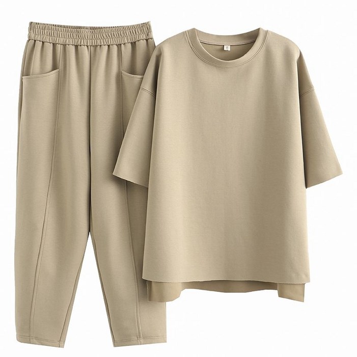 빅사이즈 150kg 여성용 심플 반팔티 9부 배기 팬츠 오버핏 캐주얼 무지 반팔티 트레이닝 세트 데일리