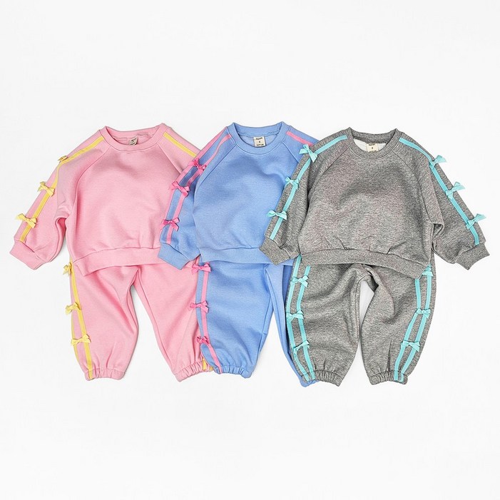 유니키즈 리본라인업세트 겨울 기모 상하복 유아동 상하세트 여아 맨투맨 바지 국산 아동복