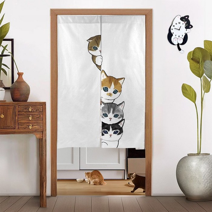 wonderful live 귀여움 폭발 고양이 가리개커튼 방문커튼 분리형 가림막 린넨 도어 커튼