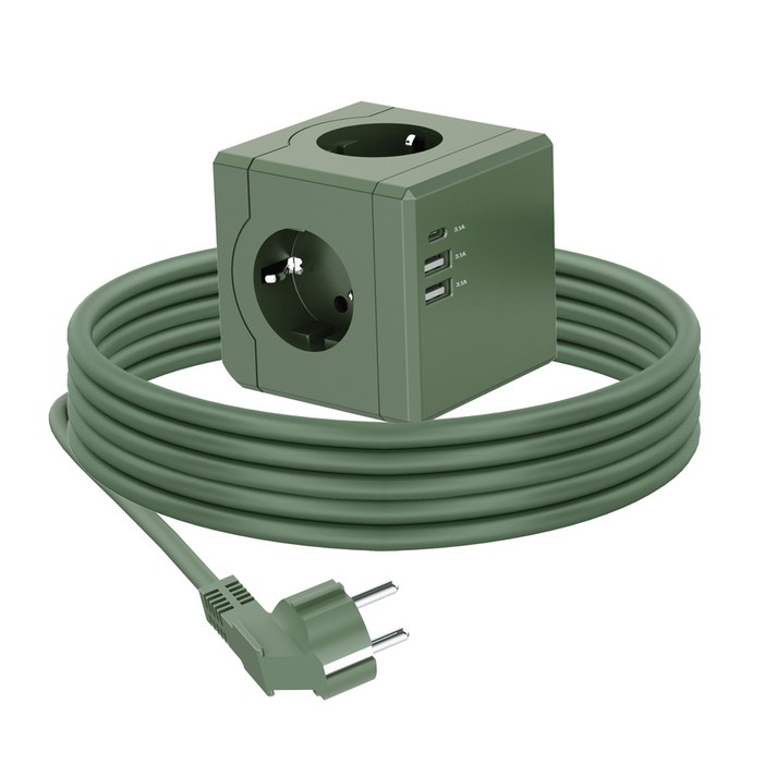 큐브 디자인 USB 3구 고용량 4000W 멀티탭 멀티 콘센트 전선형 3M USBA 2개 C타입 1개, 1개, 그린, 3m