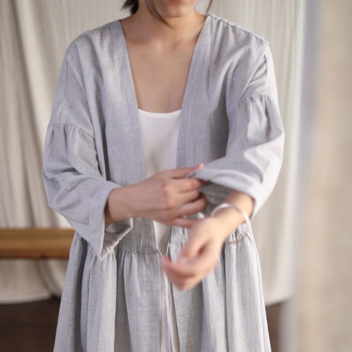 하마마스 스트라이프 린넨 브이넥 오픈 롱가디건