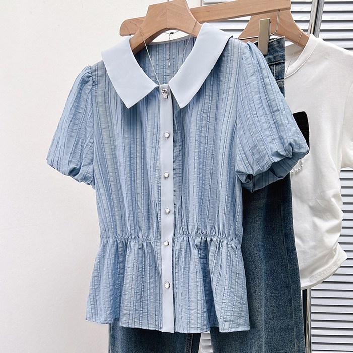 하이마이 여성 여름 빅사이즈 카라넥 셔링 반팔 블라우스