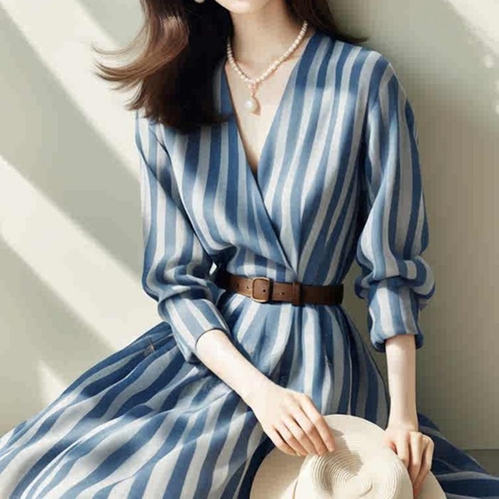 AOKADA 여성 봄 가을 브이넥 스트라이프 하객룩 오피스룩 밸트 롱 셔츠 원피스